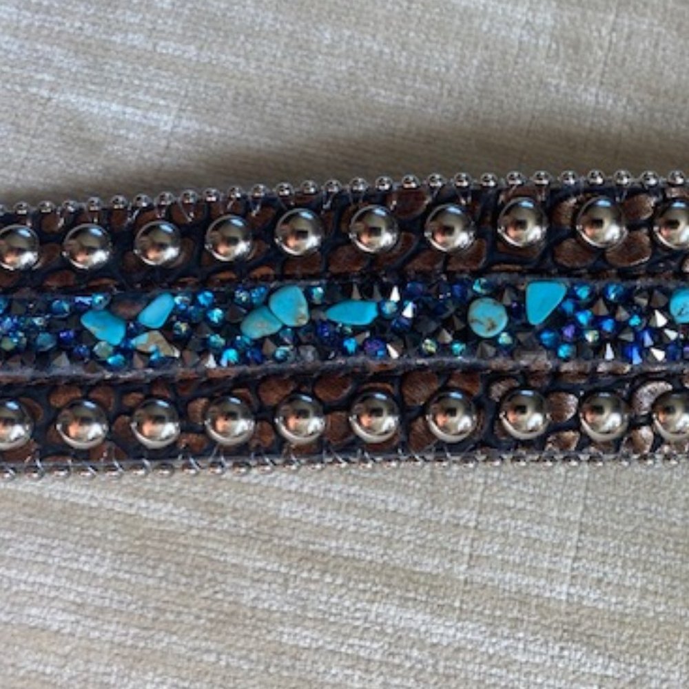 Brown Leather Beaded Belt with Turquoise and Silver Studs